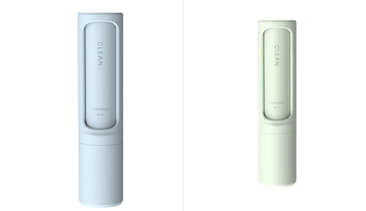 Two reusable self-cleaning lint and pet hair remover rollers, one blue and one green, displayed side by side on a white background.