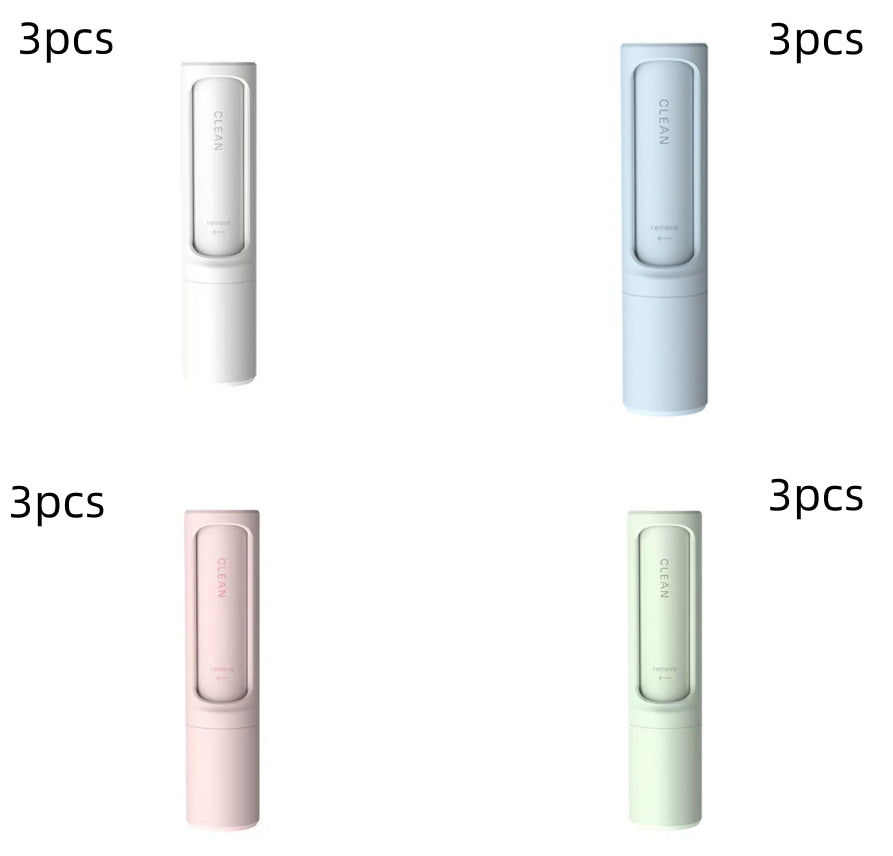 12-piece reusable lint and pet hair remover roller set with three each in white, blue, pink and green.
